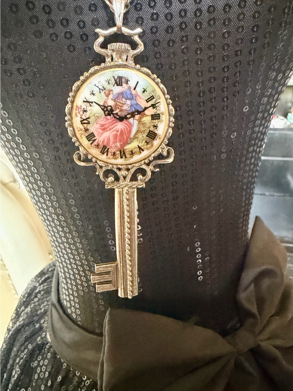 Victorian Key Pendant Watch Necklace in Gold Tone with Romantic Dial